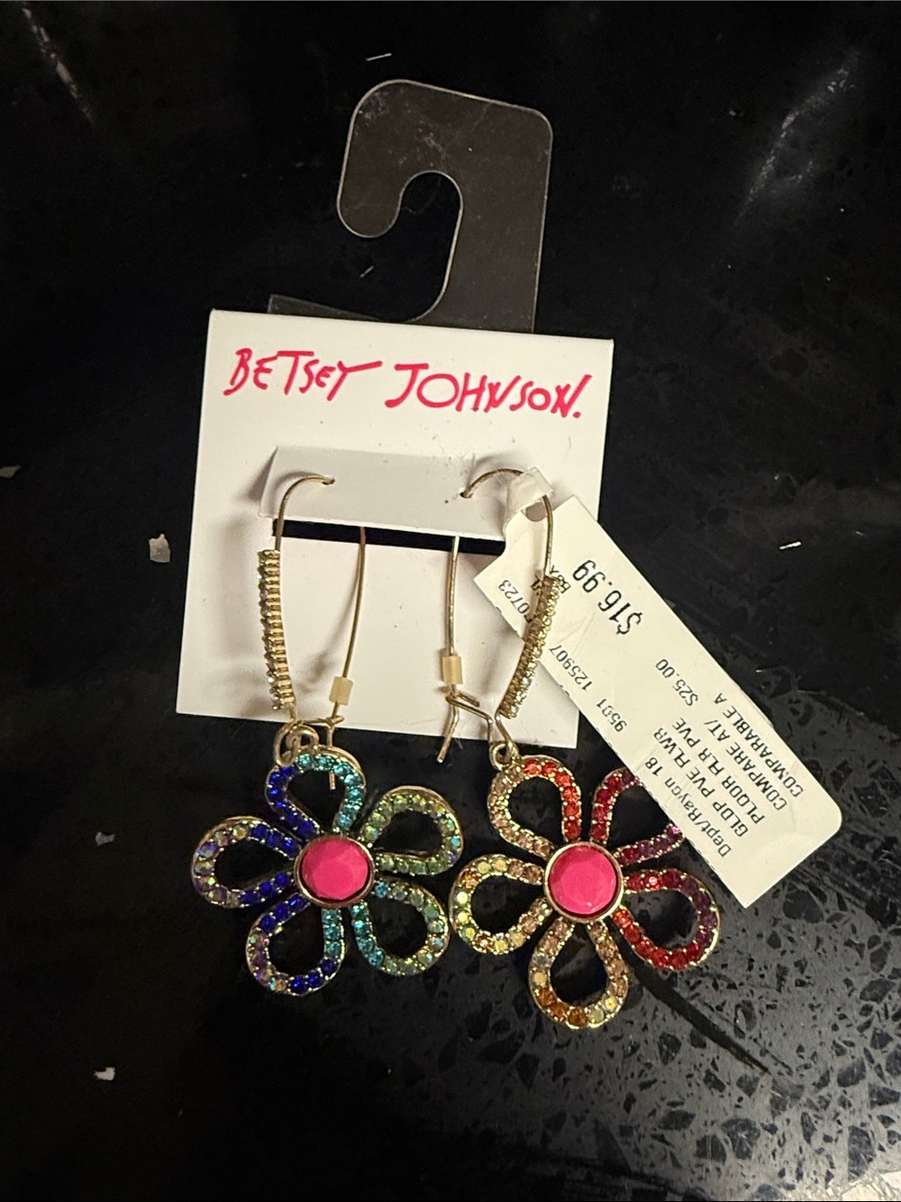 Betsey Johnson Rainbow Crystal Flower Drop Earrings with Pink Centers